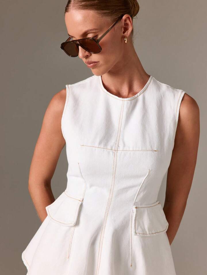 CM-TS493711 Women Casual Seoul Style Round Neck Sleeveless Peplum Denim Top - White