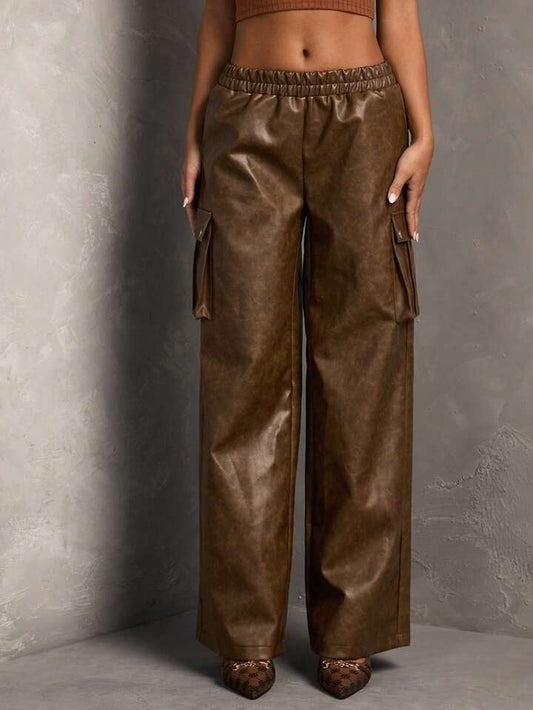 CM-BS533264 Women Elegant Seoul Style Elastic Waist PU Leather Wide Leg Loose Pants - Brown