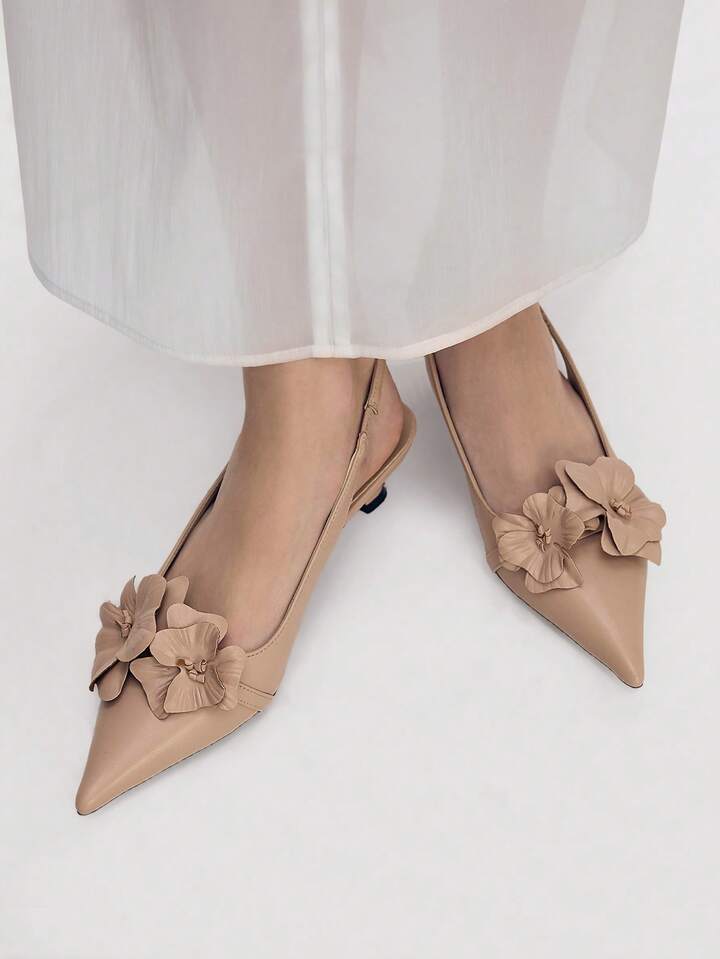 CM-SHS069952 Women Trendy Seoul Style Floral Decor Pointed Toe Pumps - Baby Pink