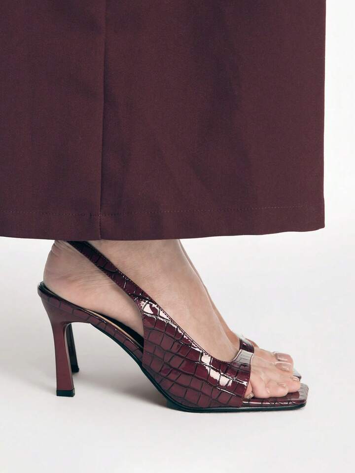 CM-SHS994189 Women Trendy Seoul Style Crocodile Pattern Slingback Square Toe Stiletto Sandals - Burgundy