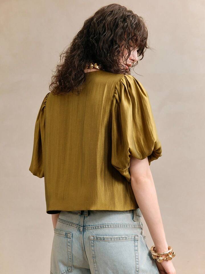 CM-TS013428 Women Elegant Seoul Style Satin Round Neck Puff Sleeve Golden Metal Button Decor Blouse