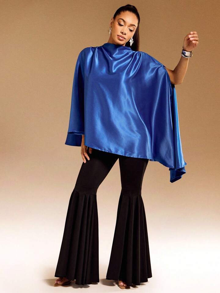 CM-TS529165 Women Elegant Seoul Style Stand Collar Satin Draped Asymmetrical Hem Cape Top - Blue