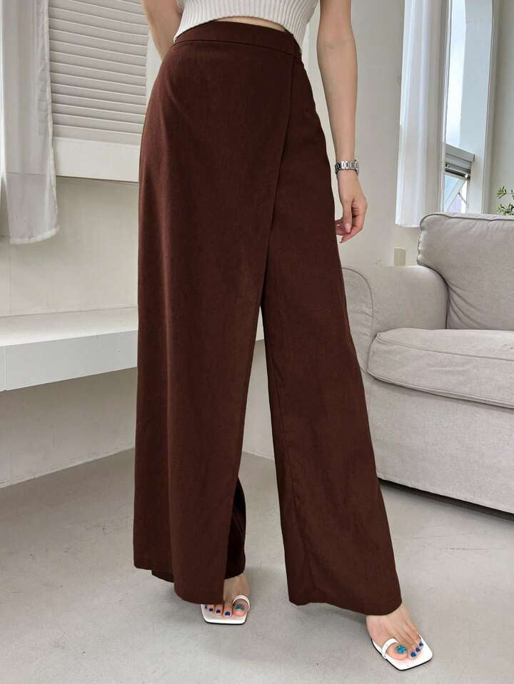 CM-BS005160 Women Casual Seoul Style Asymmetric Loose Fit Wide Leg Pants - Coffee Brown