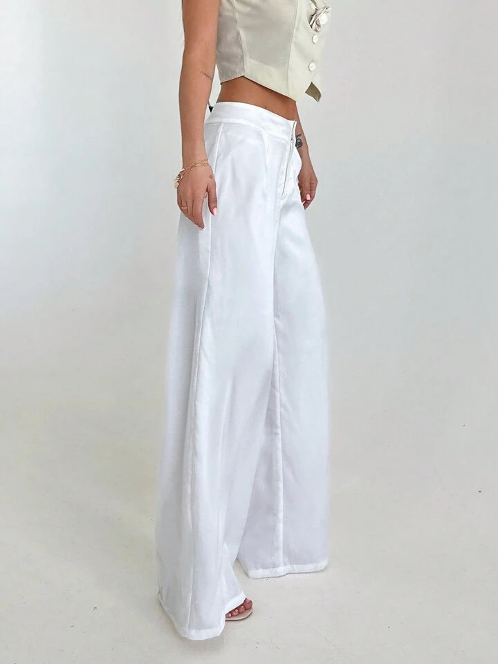 CM-BS063961 Women Casual Seoul Style Low Waist Pleated Straight Leg Long Pants - White