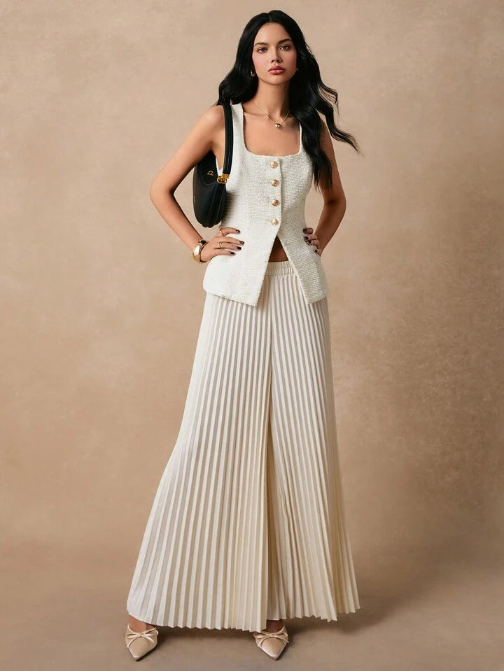 CM-SS551165 Women Elegant Seoul Style Single-Breasted Square Neck Vest With Pleated Midi Skirt - Set