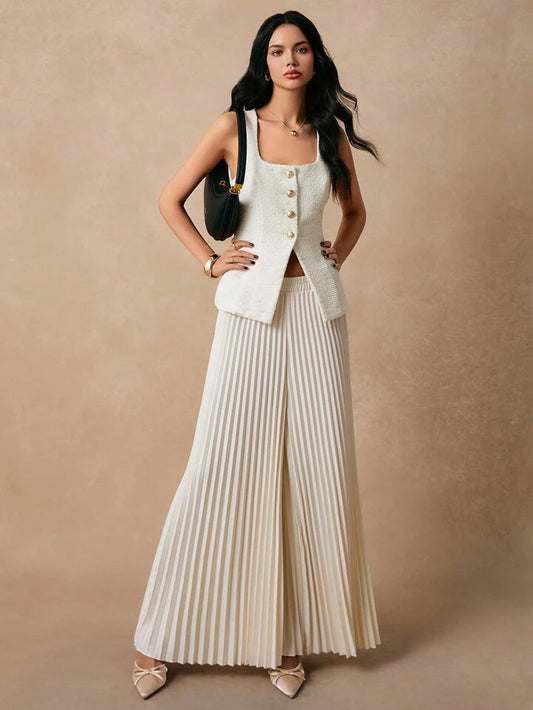 CM-SS551165 Women Elegant Seoul Style Single-Breasted Square Neck Vest With Pleated Midi Skirt - Set