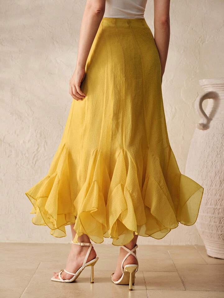 CM-BS938551 Women Elegant Seoul Style Mid Waist Textured Chiffon Layered Ruffle Hem Long Skirt - Yellow