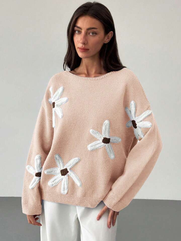 CM-CS463499 Women Casual Seoul Style 3D Floral Decoration Loose Fit Long Sleeve Sweater - Apricot