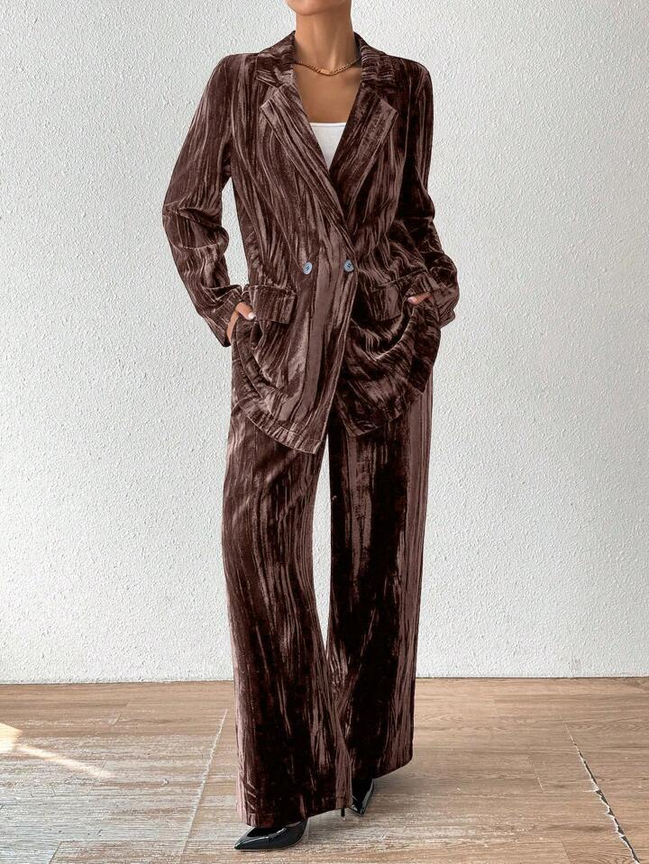 CM-SS231618 Women Elegant Seoul Style Stand Collar Long Sleeve Velvet Jacket With Straight Leg Pants Suit - Coffee Brown