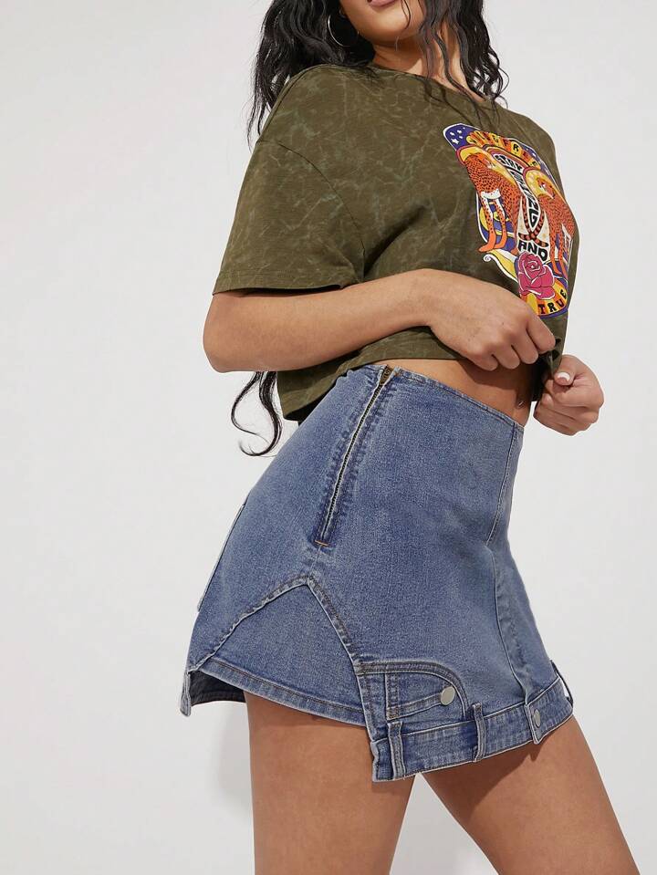 CM-BS883357 Women Casual Seoul Style Light Wash Deconstructed Skinny Denim Skorts