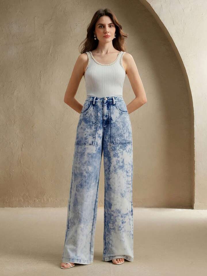 CM-BS002282 Women Elegant Seoul Style Light Wash Mid Waist Batik Tie-Dye Straight Leg Pants