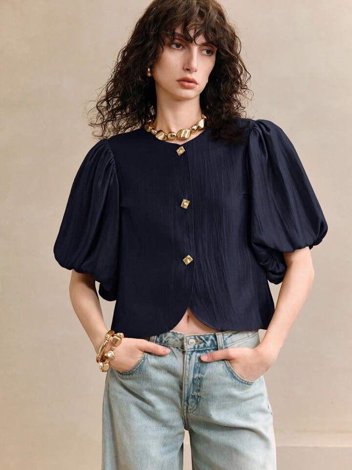 CM-TS037439 Women Elegant Seoul Style Satin Round Neck Puff Sleeve Golden Metal Button Decor Blouse - Navy Blue