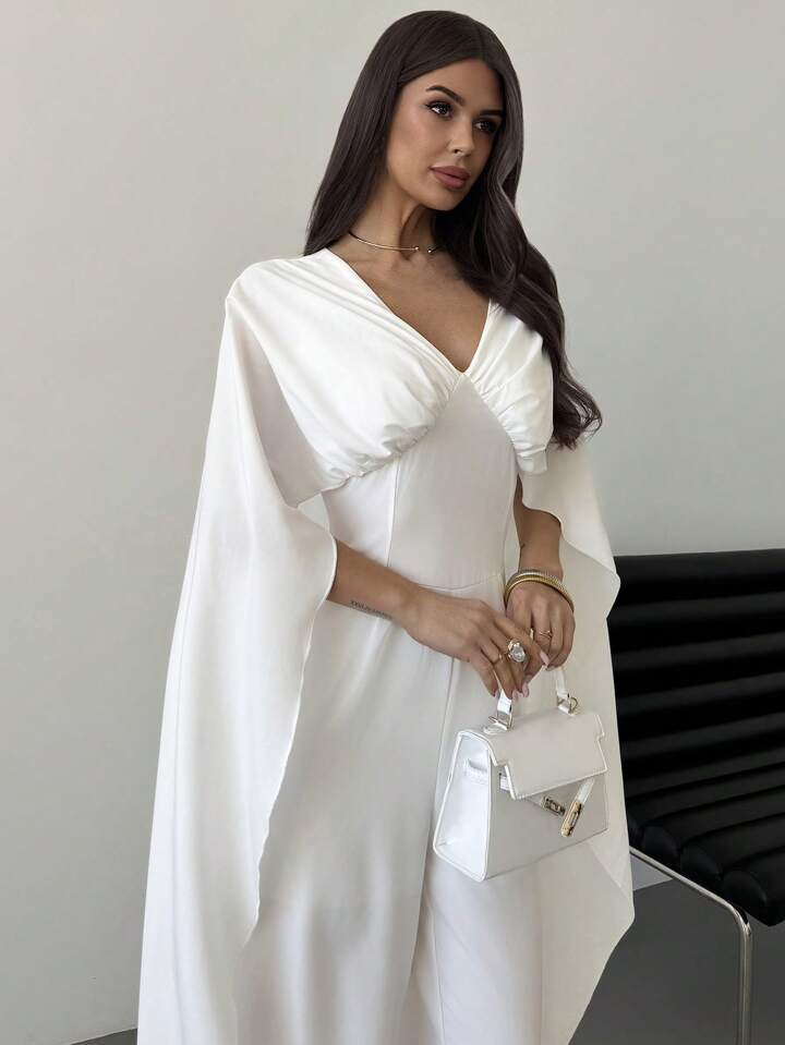 CM-JS484041 Women Elegant Seoul Style V-Neck Cape Extra Long Sleeves Waist Tie A-Line Wide Leg Jumpsuit - White