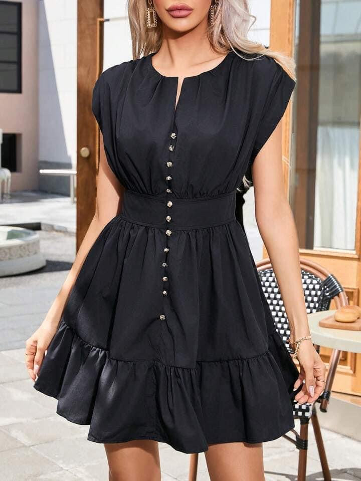 CM-DS595051 Women Casual Seoul Style Button Front Short Sleeve Waist Tie Mini Dress - Black