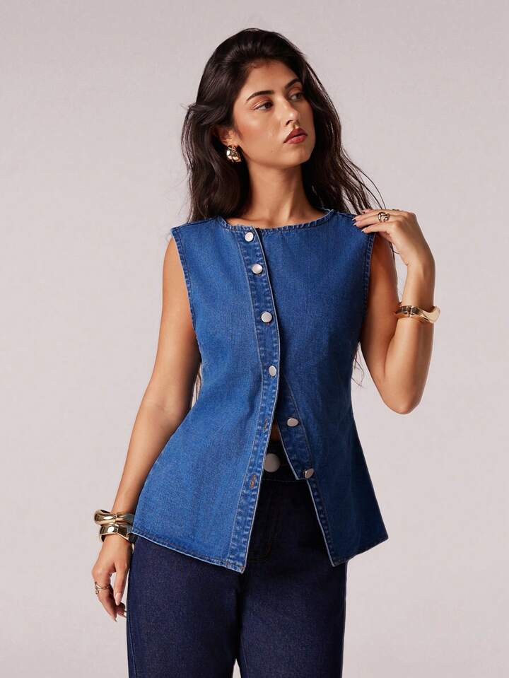 CM-TS440422 Women Casual Seoul Style Medium Wash Round Neck Sleeveless Oblique Placket Design Denim Tank Top