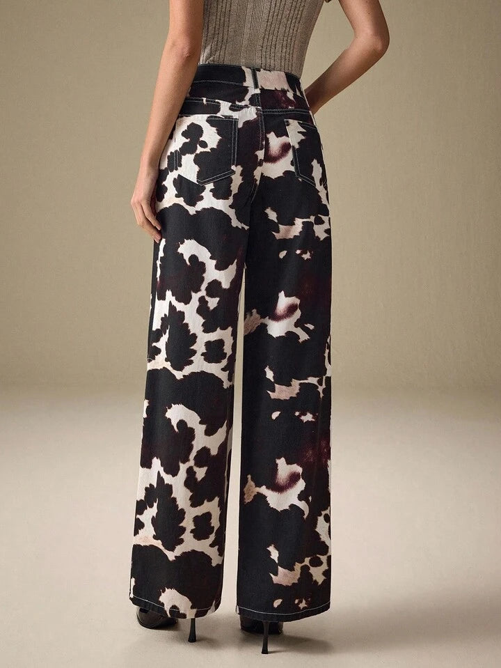 CM-BS448745 Women Casual Seoul Style All-Over Print Elastic Mid Waist Extra Long Straight-Leg Denim Jeans