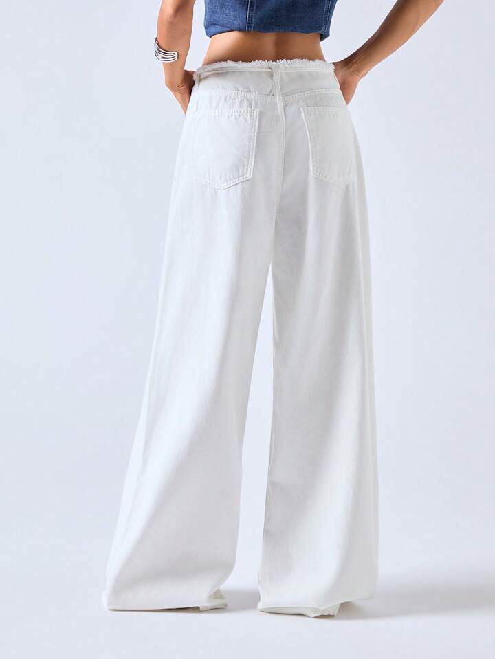 CM-BS838863 Women Casual Seoul Style Solid Color High Waist Frayed Hem Loose Wide Leg Jeans - White