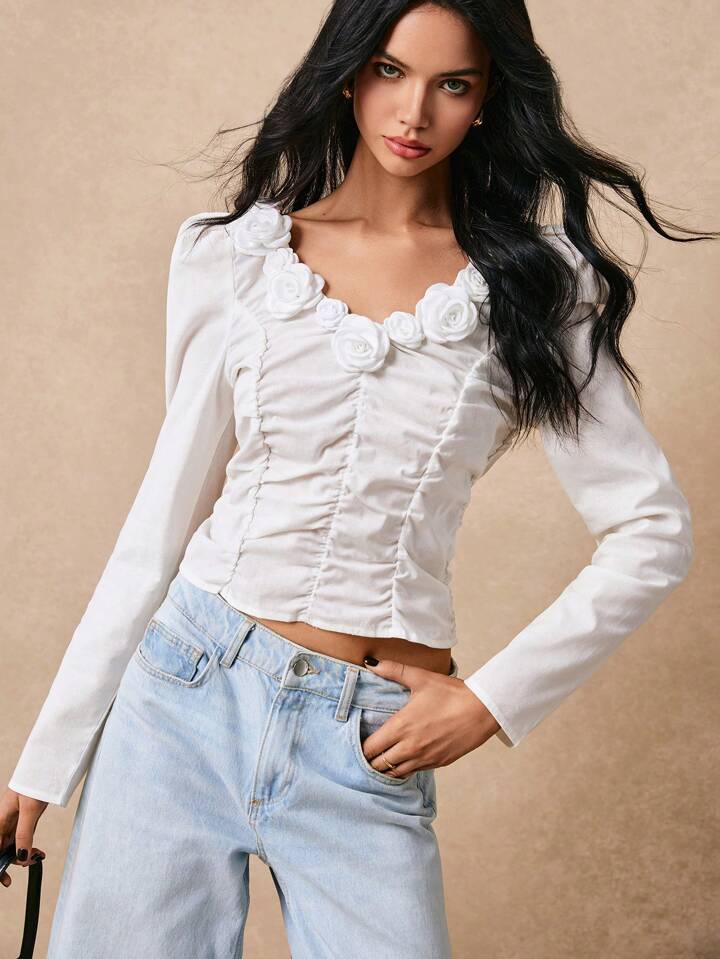 CM-TS222103 Women Casual Seoul Style V-Neck 3D Floral Decor Long Sleeve Shirt - White