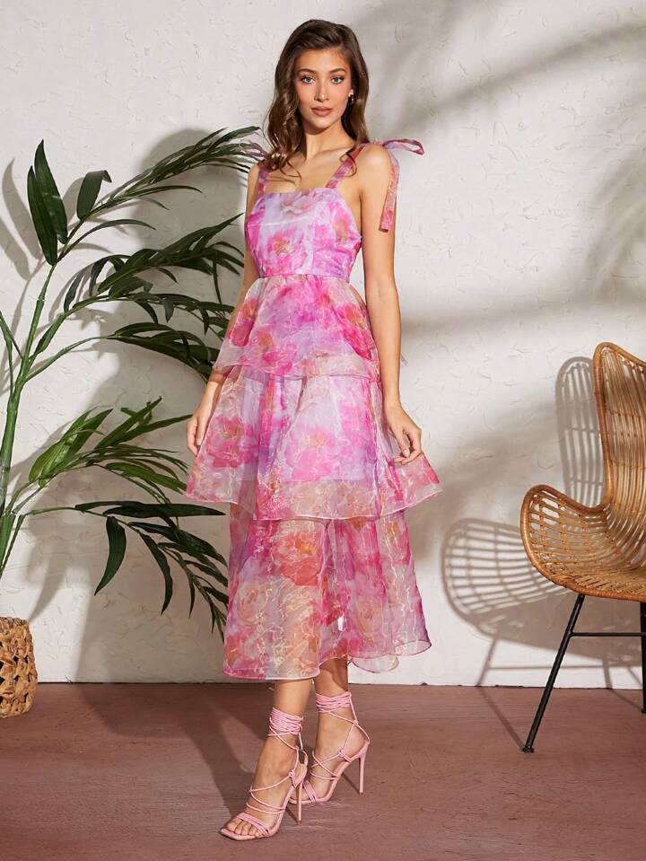 CM-DS700962 Women Elegant Seoul Style Floral Organza Tiered Tie Strap High Waist Dress