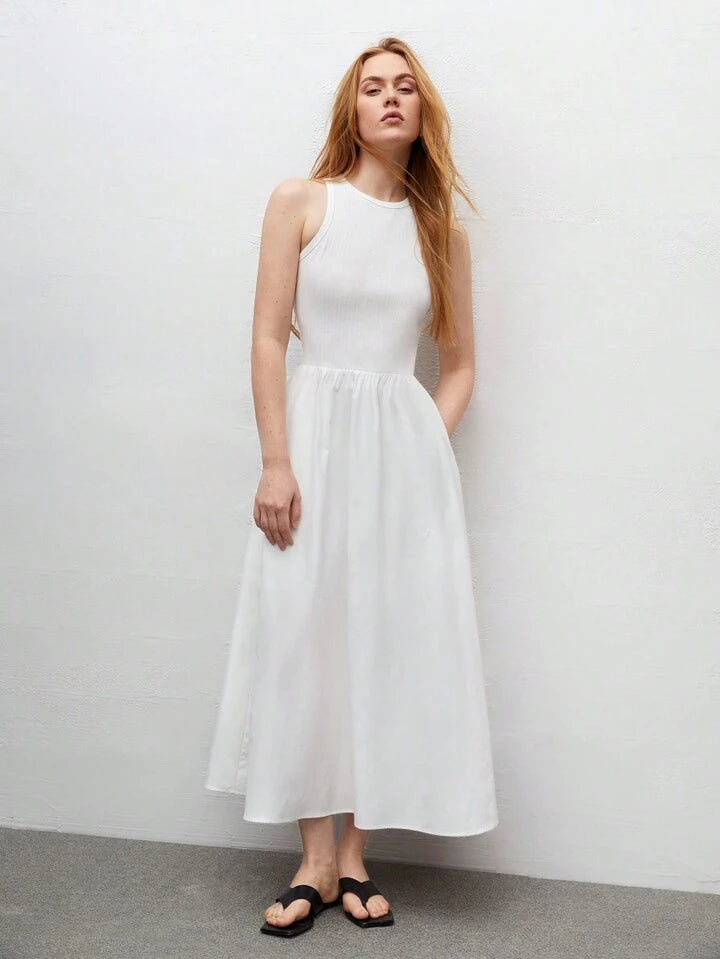 CM-DS653316 Women Trendy Bohemian Style Round Neck Sleeveless High Waist Slim Fit Dress - White