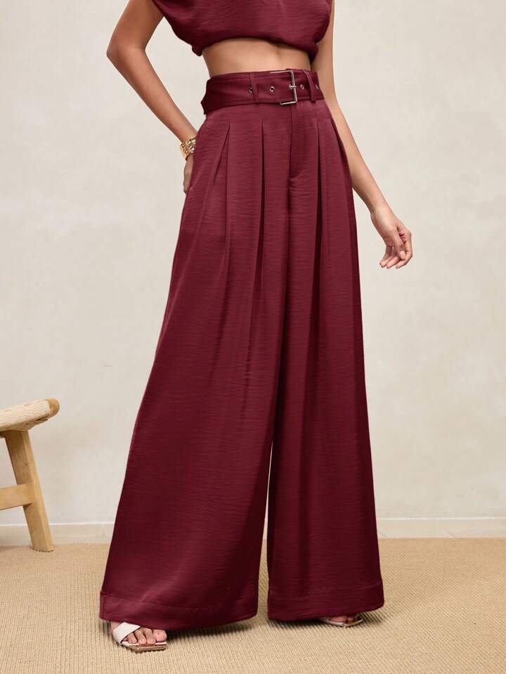 CM-BS089382 Women Casual Seoul Style High Waist Pleated Wide Leg Pants - Burgundy
