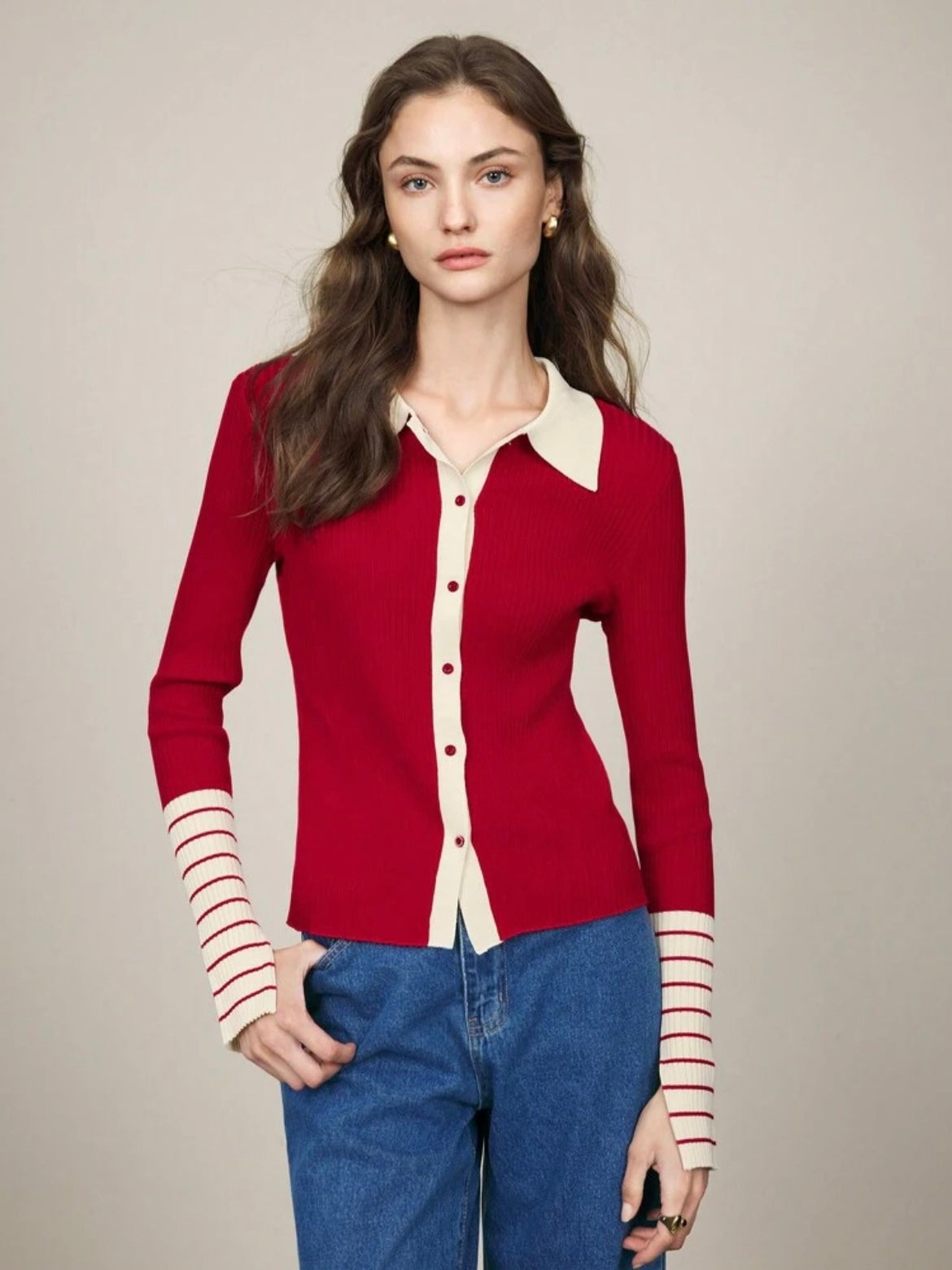 CM-CS006001 Women Casual Seoul Style Striped Long Sleeve Button-Up Rib Knit Sweater - Red