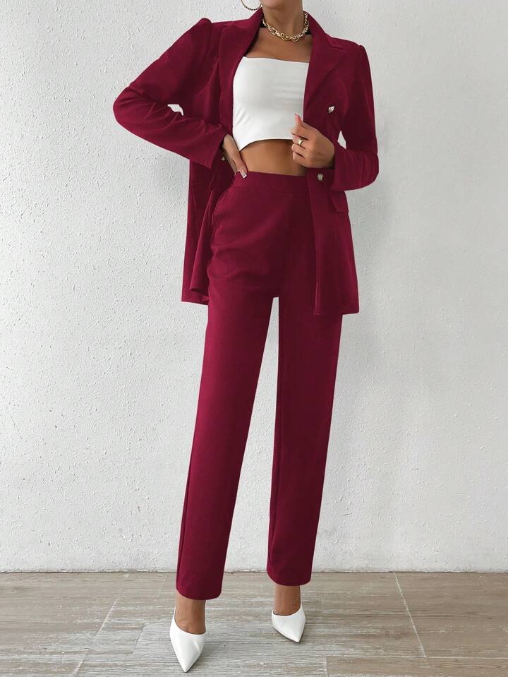 CM-SS205082 Women Elegant Seoul Style Lapel Double Button Suit Jacket With Trousers - Burgundy