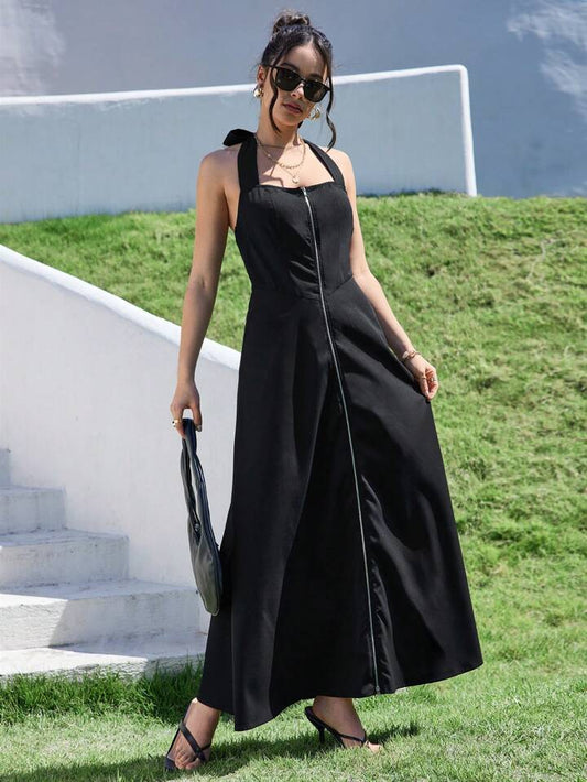 CM-DS211350 Women Casual Seoul Style Sleeveless Halter Neck Zipper Front A-Line Long Dress - Black