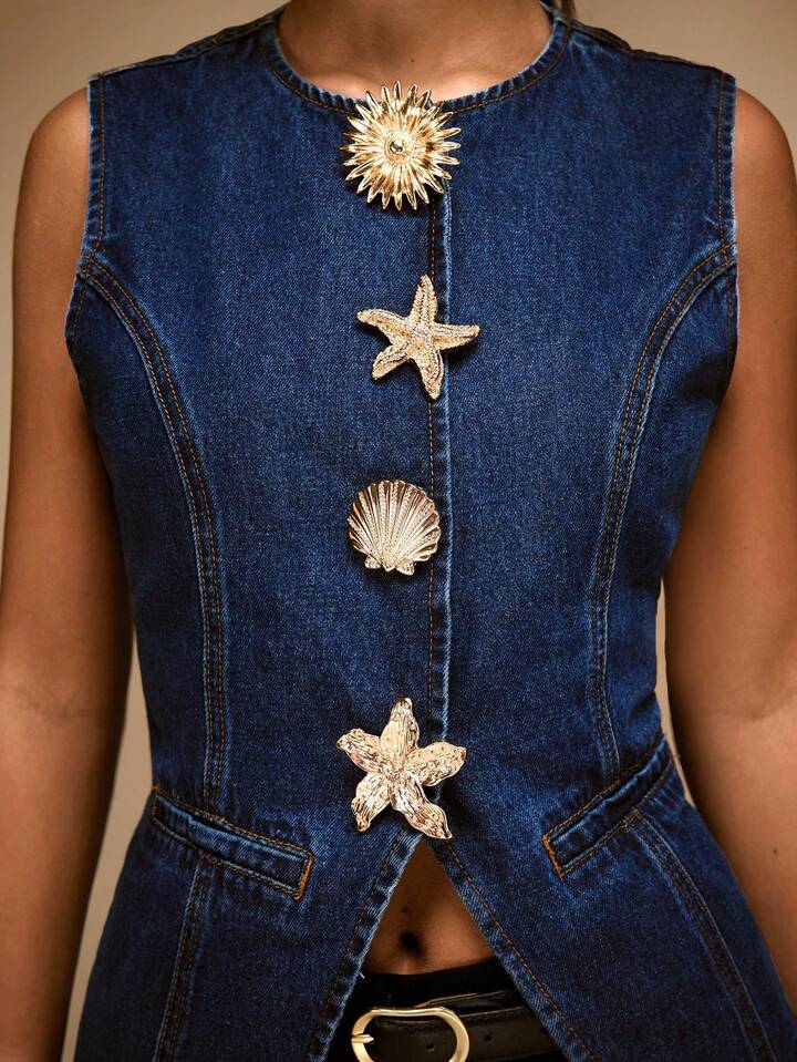 CM-TS035848 Women Casual Seoul Style Light Wash Round Neck Sleeveless Metal Special-Shaped Button Decorated Denim Vest