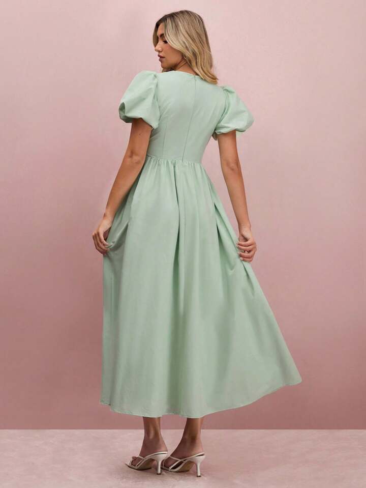 CM-DS406945 Women Elegant Seoul Style Pleated V-Neck Puff Sleeve Bowknot Maxi Dress - Mint Green