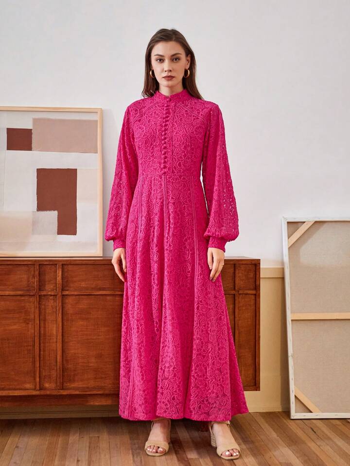 CM-DS807079 Women Elegant Seoul Style Lace Mandarin Collar Long Sleeve A-Line Dress - Hot Pink