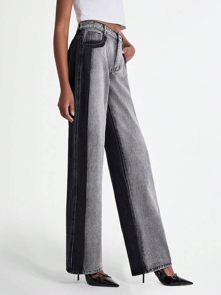CM-BS901788 Women Casual Seoul Style Color-Block High Waist Patchwork Flared Leg Jeans - Black