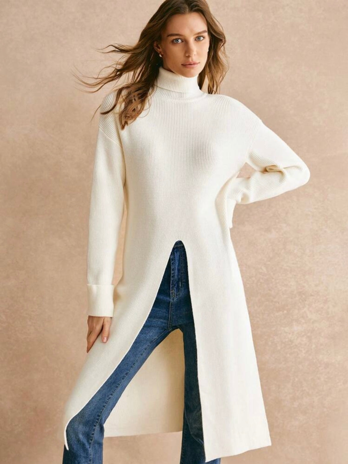 CM-CS884286 Women Casual Seoul Style Turtleneck Slit Dropp Shoulder Long Sleeve Split Hem Sweater