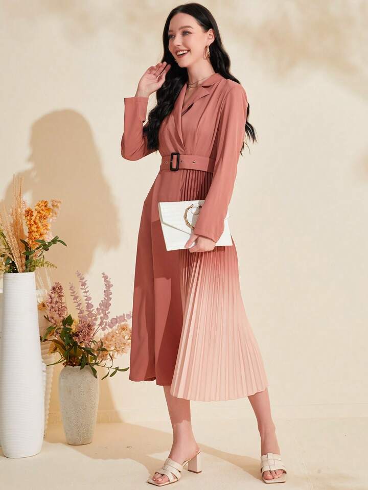 CM-DS184274 Women Elegant Seoul Style Color-Blocked Collar Pleated Hem Belted Dress - Dusty Pink
