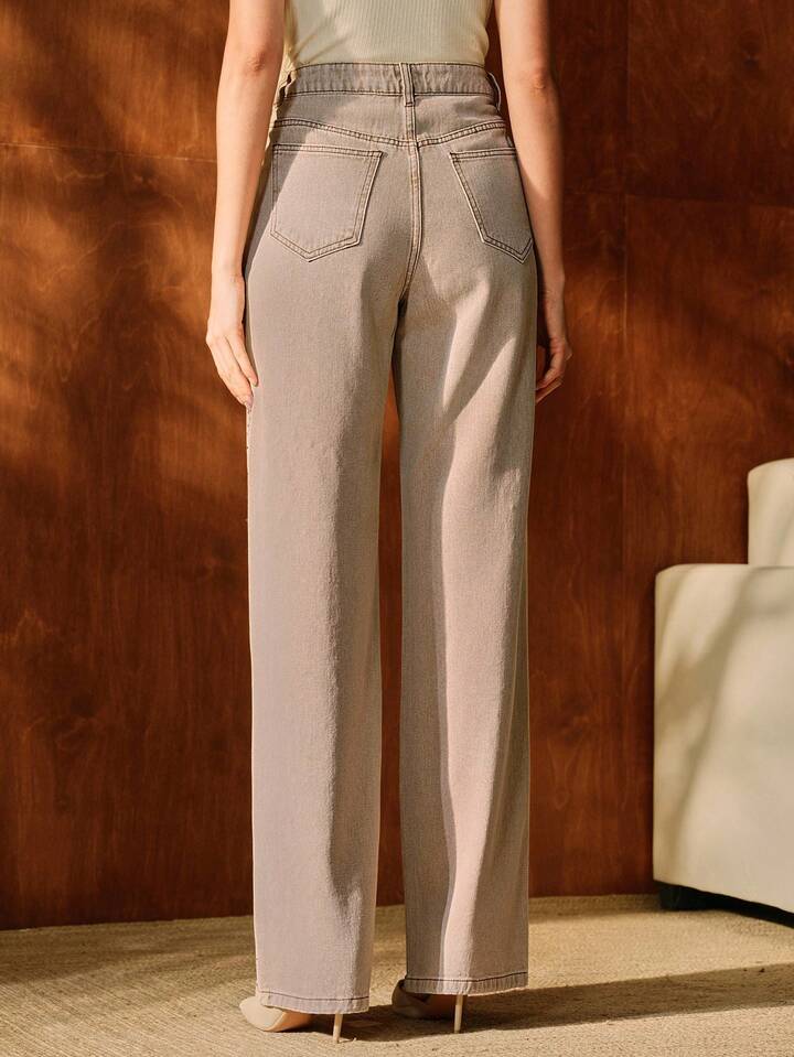 CM-BS742256 Women Casual Seoul Style Mid Waist Rhinestone Embellished Straight Leg Pants - Apricot