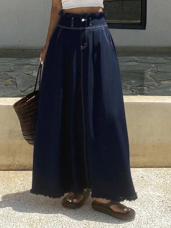 CM-BS395771 Women Casual Seoul Style Dark Wash Mid Waist Loose Distressed Raw Hem Denim Skirt
