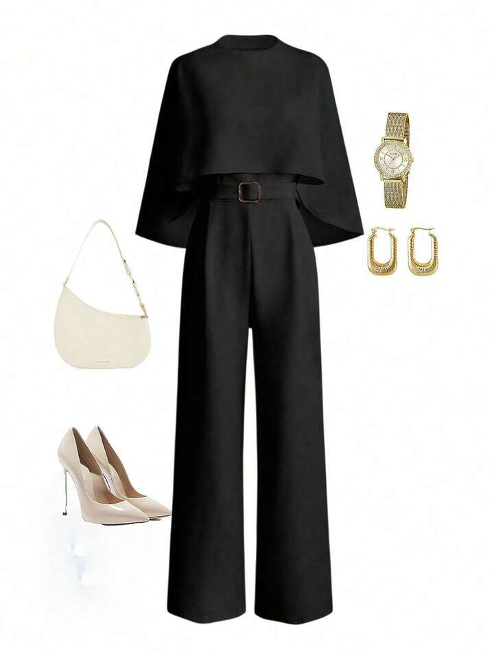 CM-JS286526 Women Elegant Seoul Style Round Neck Cloak Sleeve Cinched Waist High Waist Jumpsuit - Black