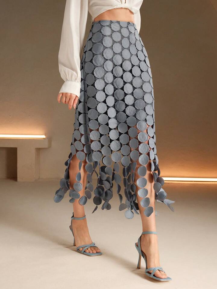 CM-BS544450 Women Trendy Bohemian Style Laser Cut Multi Circle Double Layered Maxi Skirt - Light Gray