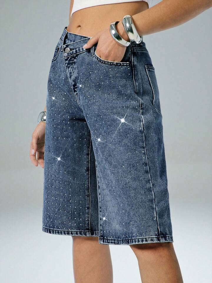 CM-BS458851 Women Casual Seoul Style Medium Wash Rhinestone Embellished Overlapping Denim Capri Shorts