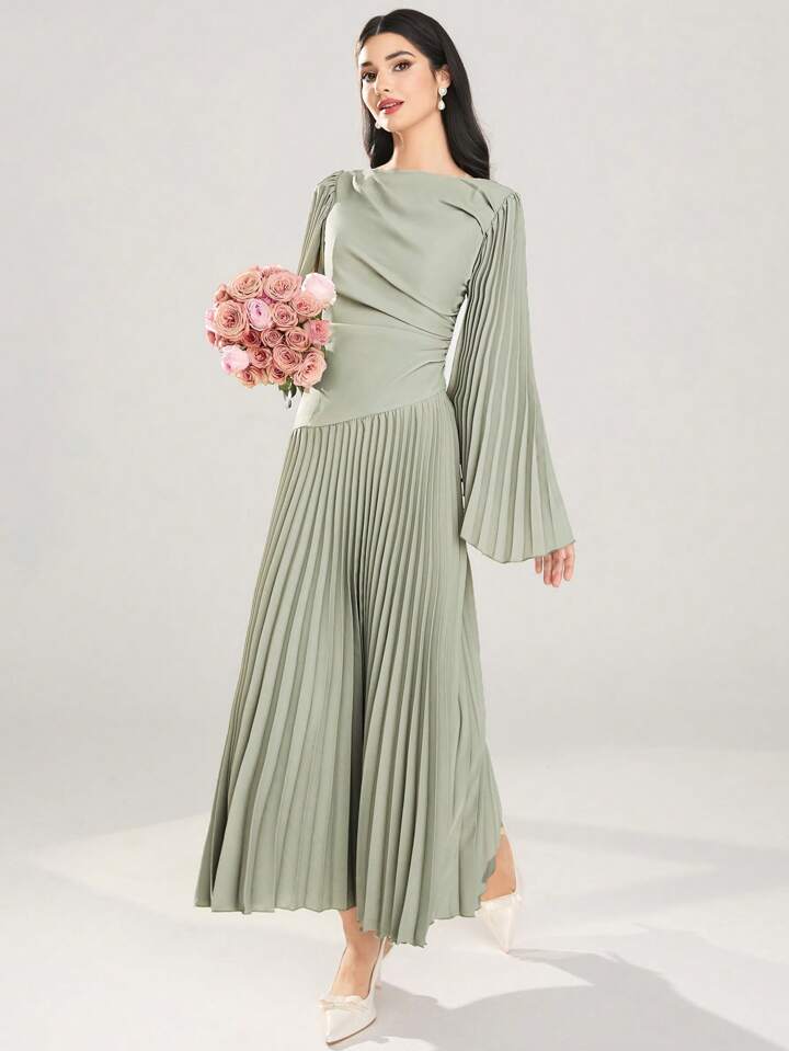 CM-DS972736 Women Elegant Seoul Style Round Neck Long Sleeve Asymmetrical Pleated Dress - Green