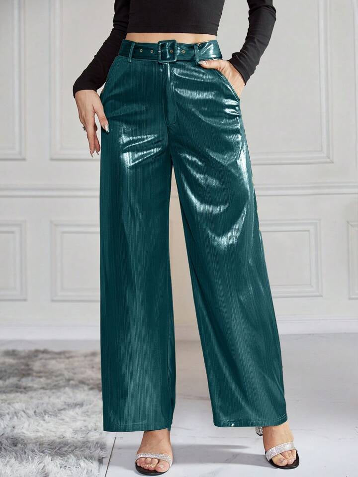 CM-BS923179 Women Elegant Seoul Style High Waist Belted Metallic Wide Leg Pants - Teal Blue