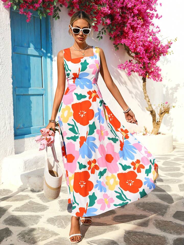 CM-DS611174 Women Trendy Bohemian Style Floral Print Square Neck Sleeveless High Waist Long Dress