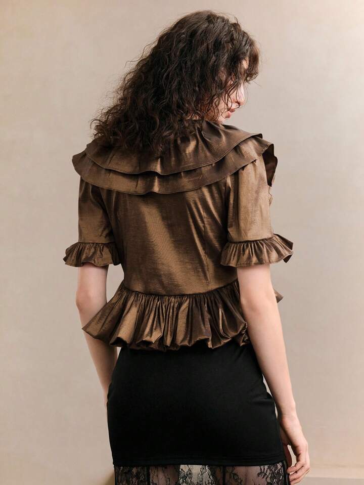 CM-TS736991 Women Elegant Seoul Style Metallic Luster Fabric One-Shoulder Multi-Layered Ruffled V-Neck Short Shirt