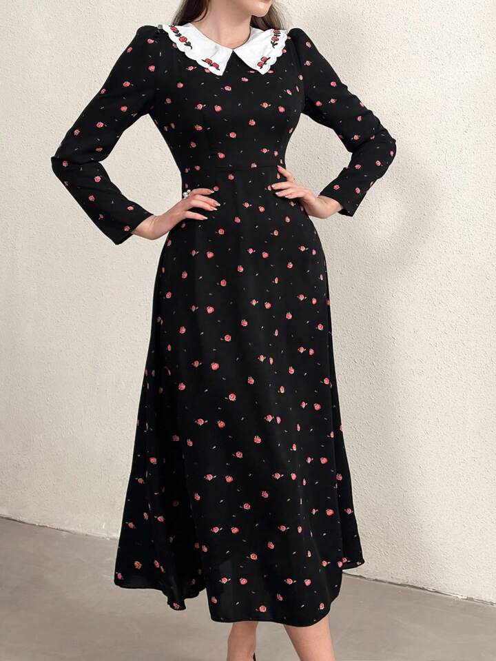 CM-DS722228 Women Casual Seoul Style Peter Pan Collar Long sleeve Floral Print Maxi Dress - Black