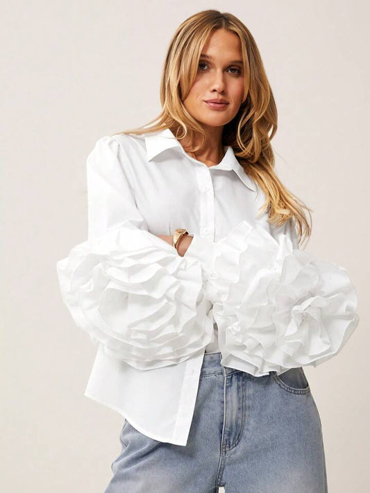 CM-TS434184 Women Elegant Seoul Style Frill Long Sleeve Shirt Solid Color Ruffle Trim Blouse - White