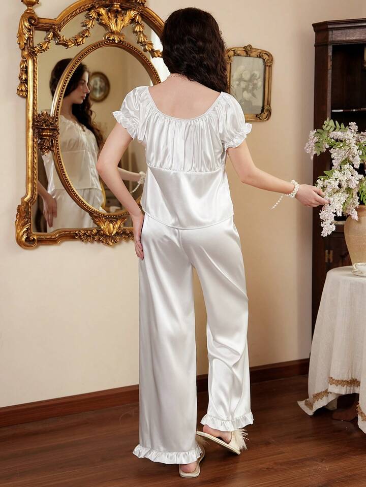 CM-LS169596 Women Trendy Seoul Style V-Neck Ruffle Petal Sleeve Pajama Set - White