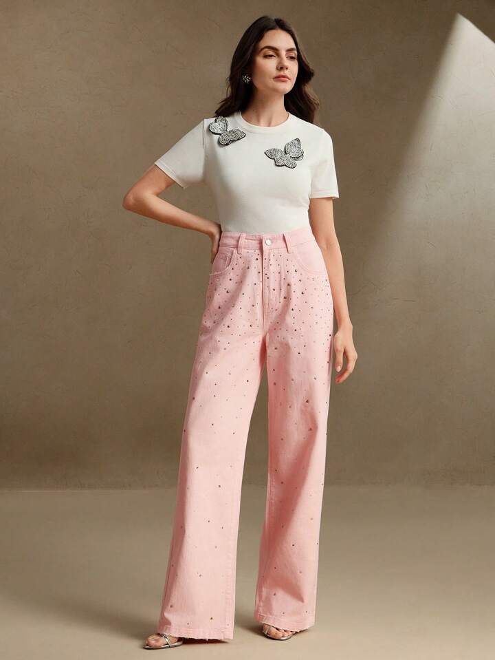 CM-BS806583 Women Casual Seoul Style Mid Waist Rhinestoned Decor Straight Leg Jeans - Pink