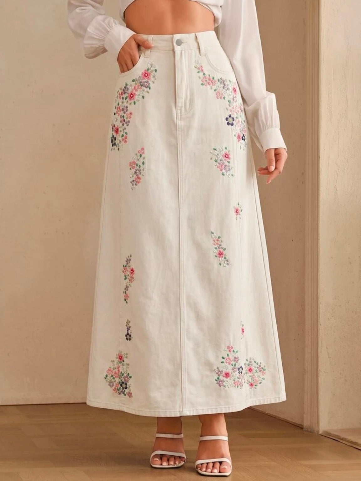 CM-BS268706 Women Casual Seoul Style Mid Waist Embroidery Slimming Design Split A-Line Denim Skirt - White