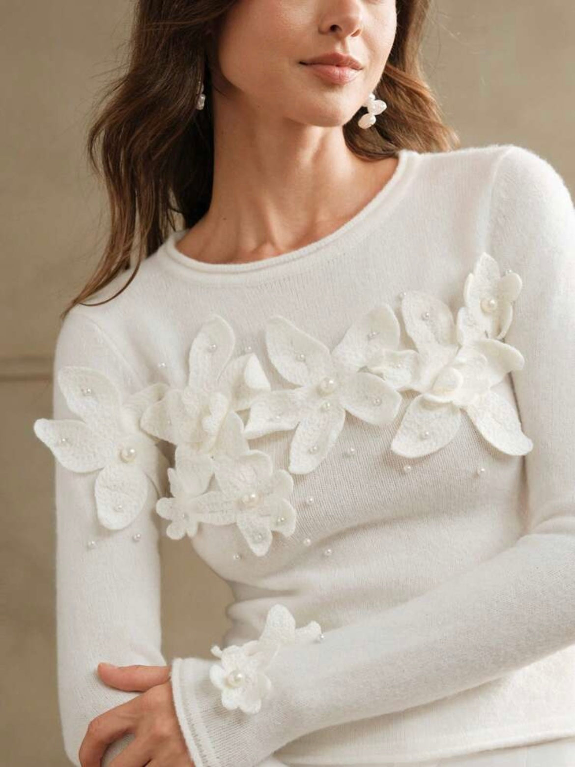 CM-TS124269 Women Elegant Seoul Style Crochet Floral Pearl Decor Crew Neck Layer Top - White
