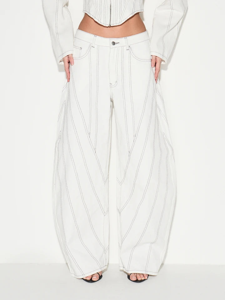 CM-BS091191 Women Casual Seoul Style Low Waist Extra Long Baggy Wide Leg Jeans - White